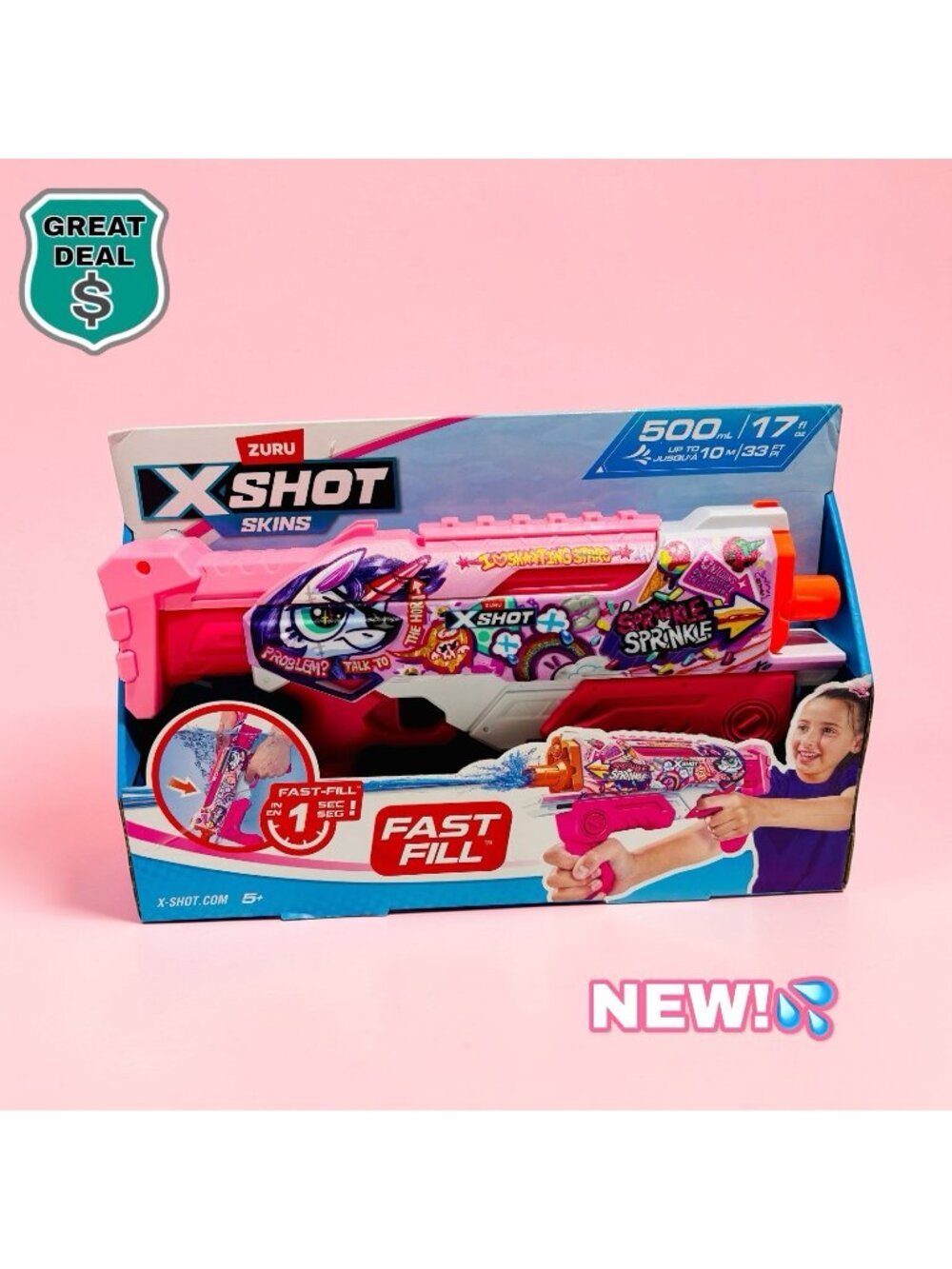 Zuru Pink X-Shot Fast Fill Toy Water Gun Unicorn Skin Splash Summer Outdoor Fun!